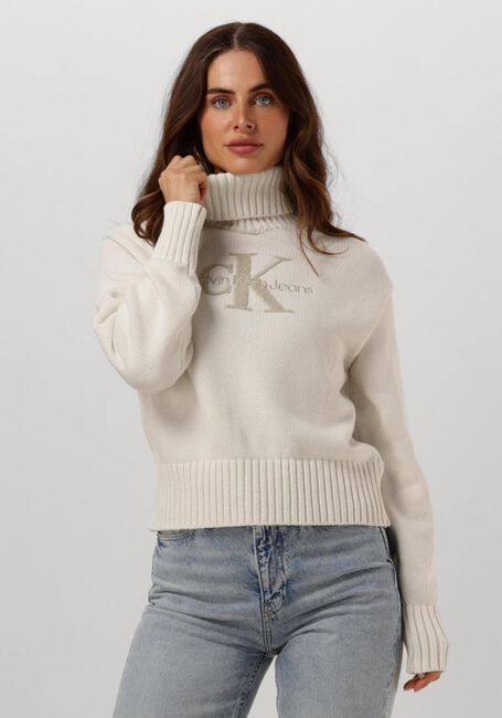 Weiße CALVIN KLEIN Rollkragenpullover CHENILLE MONOLOGO SWEATER - large